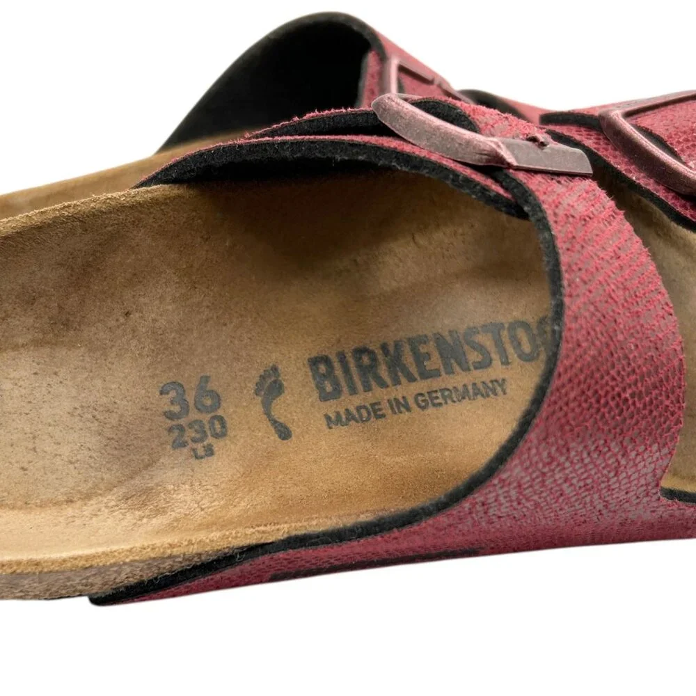 Birkenstock Arizona Birko-Flor Maroon Snake Pattern 2 Straps Slide Sandals 36